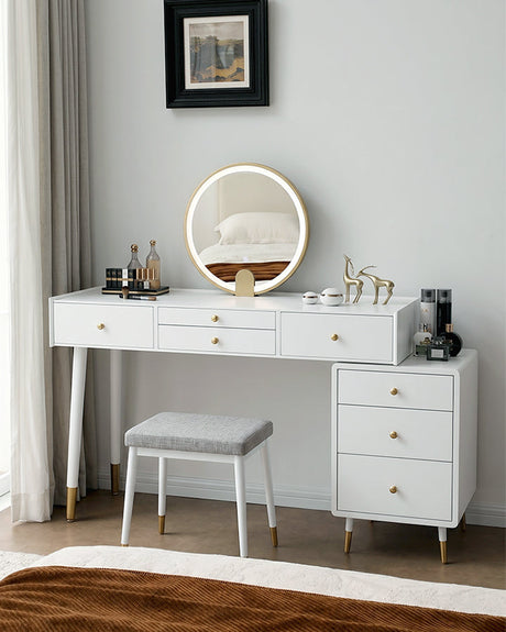 Le Di Vita modern Dressing Table with round mirror, drawers, and stylish stool for elegant bedroom decor