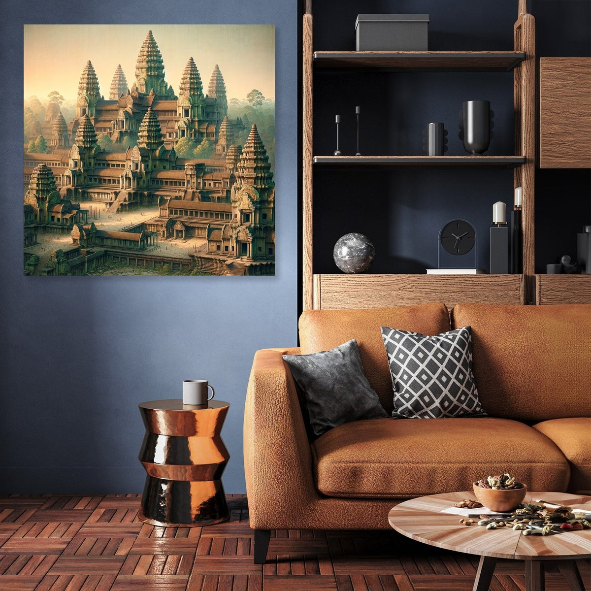 Stunning Wall Art Canvas featuring ancient temple architecture in a serene living room setting