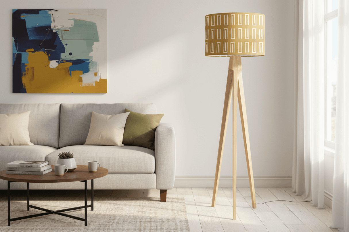 Stylish lampshade in yellow with geometric pattern, complementing a modern living room setting