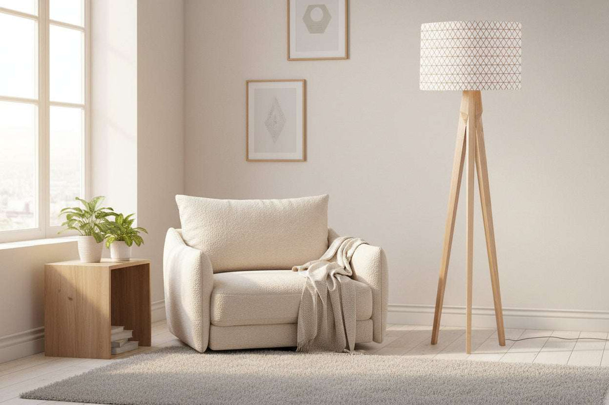 Shadow Bright modern lampshade on a wooden floor lamp in a stylish living room setting