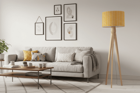 Shadow Bright lampshade in yellow pattern on a wooden floor lamp, enhancing modern living room decor