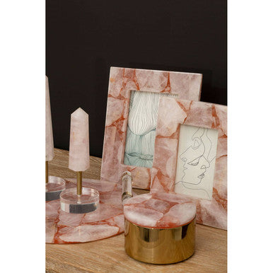 Orsina Quartz Tray Displaying Elegant Rose Quartz Coasters and Decorative Frames on a Wooden Surface