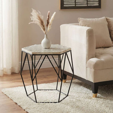 Orsina stylish side table with geometric design and black metal frame, perfect for modern interiors