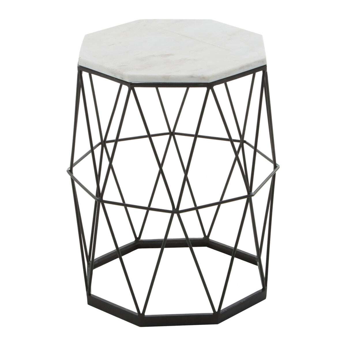 Orsina Modern Geometric Side Table with Hexagonal White Marble Top and Black Metal Frame