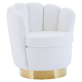 Orsina Swivel Chair in plush white fabric with a stylish gold base for elegant living spaces