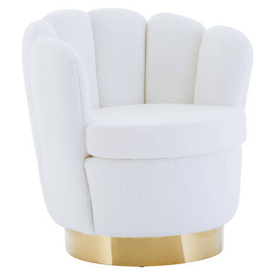 Orsina Swivel Chair in plush white fabric with a stylish gold base for elegant living spaces