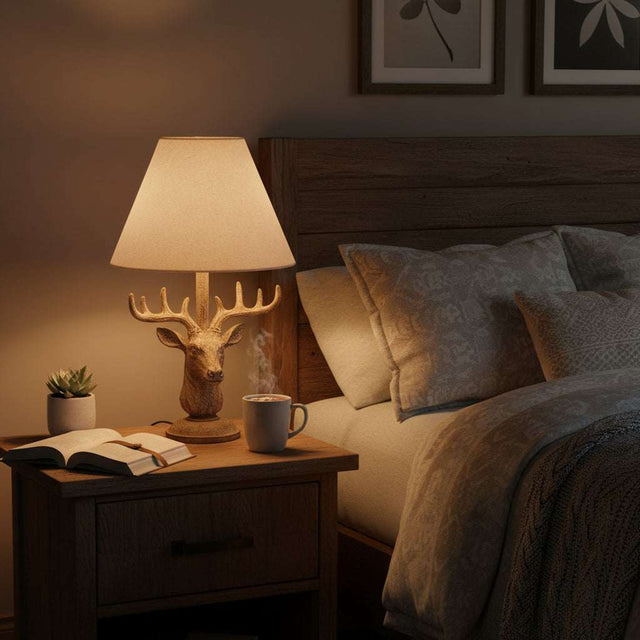 Shades 4 Seasons Table Lamp with a warm shade on a bedside table beside a comfortable bed