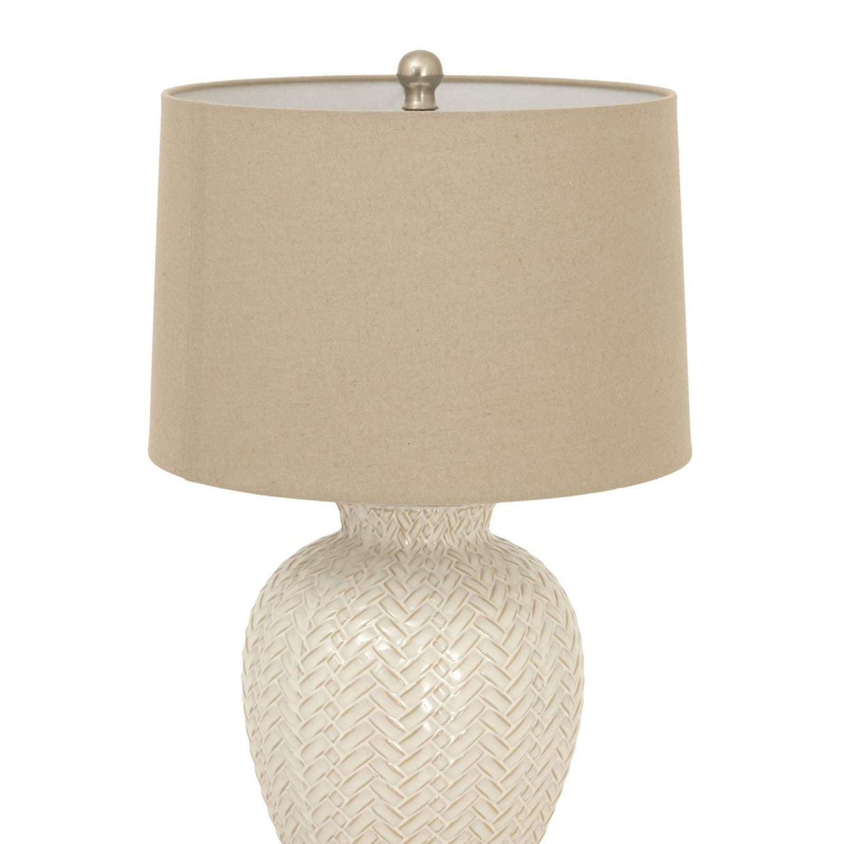 Decorative ceramic table lamp with a woven design and a neutral fabric shade