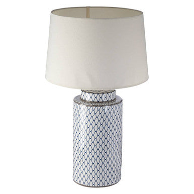 Orsina Table Lamp with Cylindrical Base and White Shade featuring Blue Geometric Pattern
