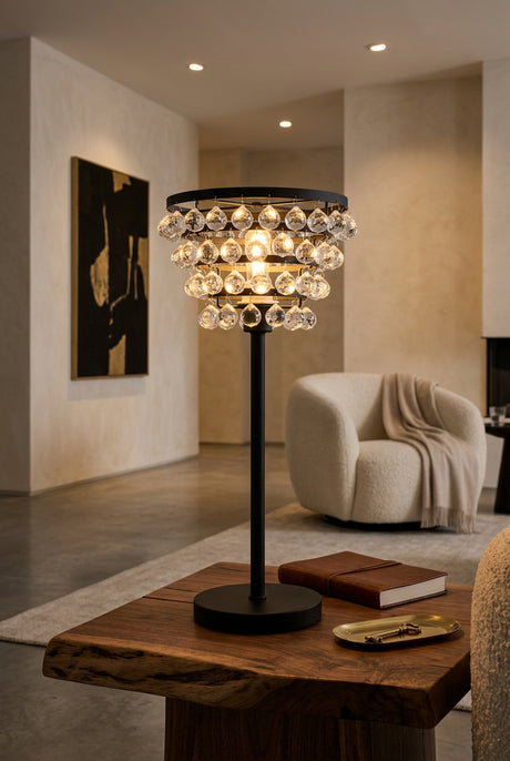 Orsina Table Lamp with Crystal Hanging Accents and Modern Black Base for Elegant Home Decor