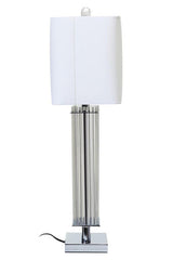 Orsina Table Lamp with a clear geometric base and white square shade for modern decor