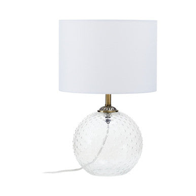 Orsina Table Lamp with a clear glass sphere base and a white fabric shade for elegant lighting