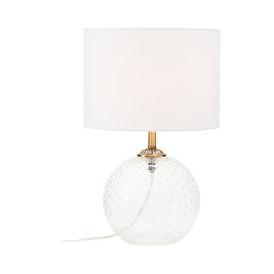 Orsina Table Lamp with a clear glass base and white fabric shade for elegant home decor