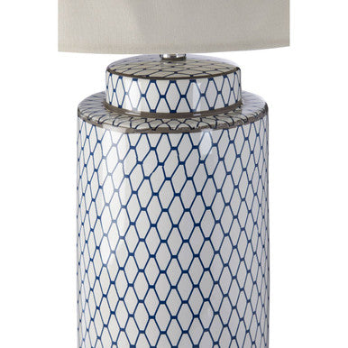Orsina Table Lamp with a geometric blue and white design and a cream lampshade