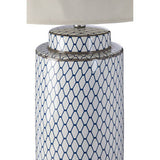 Orsina Table Lamp with a geometric blue and white design and a cream lampshade