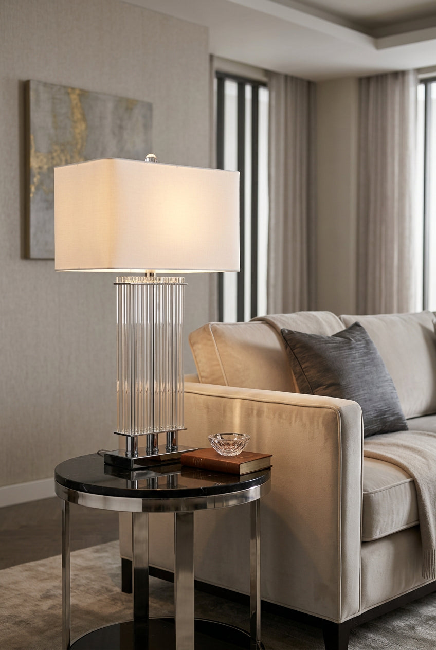 Orsina Table Lamp with a sleek design and fabric shade, perfect for modern living rooms