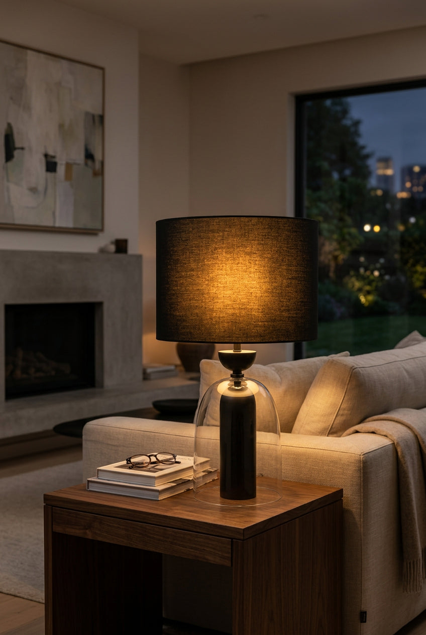 Orsina Table Lamp with a warm glow, stylish design, and a black lampshade for modern living spaces