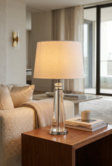 Orsina Table Lamp with a sleek chrome base and a beige fabric shade for modern living spaces
