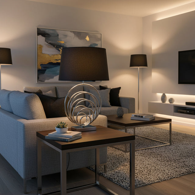 Stylish Orsina Table Lamp with a modern design, illuminating a chic living room setting