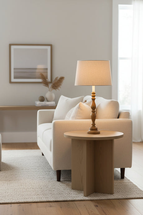 Orsina Table Lamp with beige lampshade on a modern side table in a cozy living room