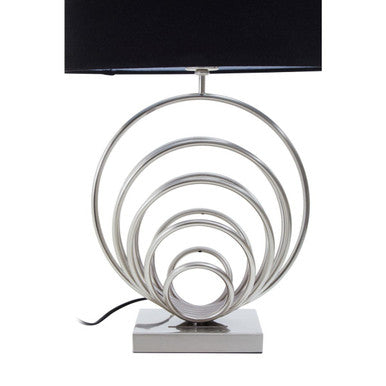Orsina Table Lamp featuring a modern silver spiral design with a black shade