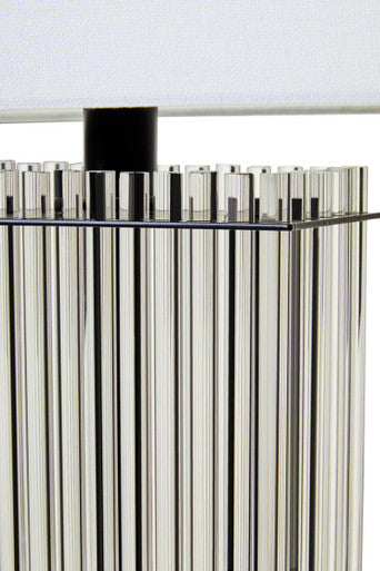 Orsina Table Lamp with a sleek striped glass base and a soft fabric shade