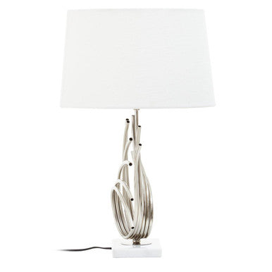 Orsina Table Lamp with a modern design featuring a sleek metallic base and a white fabric shade
