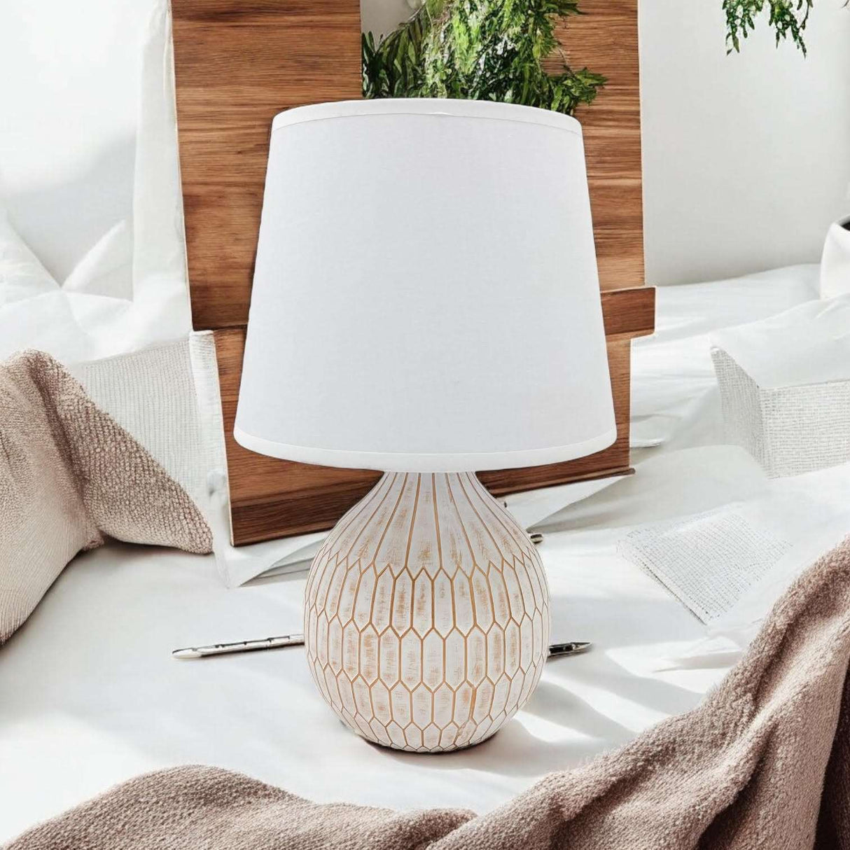 MSL Table Lamp with a textured ceramic base and a white shade for stylish home lighting