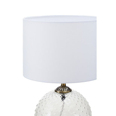 Orsina Table Lamp with a textured glass base and a white drum shade for modern decor