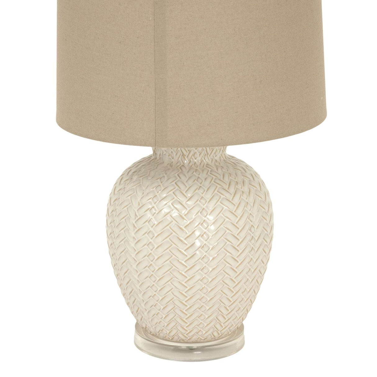 Shades 4 Seasons ceramic table lamp with intricate woven design and neutral fabric shade
