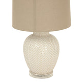 Shades 4 Seasons ceramic table lamp with intricate woven design and neutral fabric shade