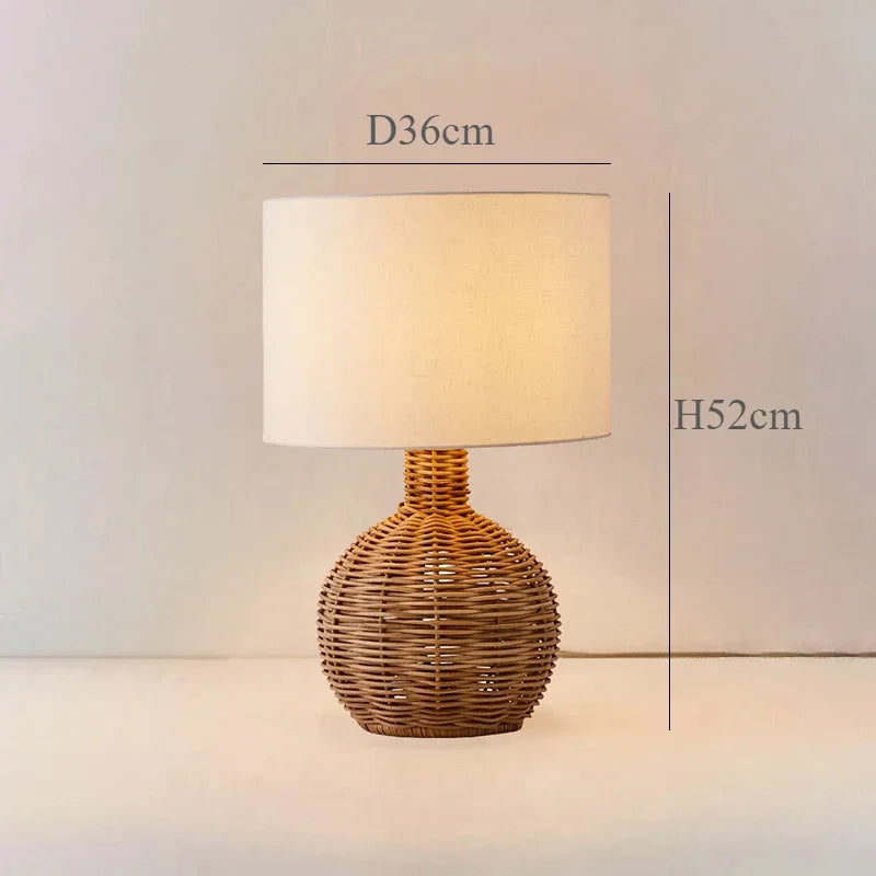 Nisu Home Table Lamp with Rattan Base and White Fabric Shade, Height 52cm and Diameter 36cm