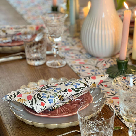 Floral Table Runner from Avalon Home UK with elegant dining setup featuring plates and glasses