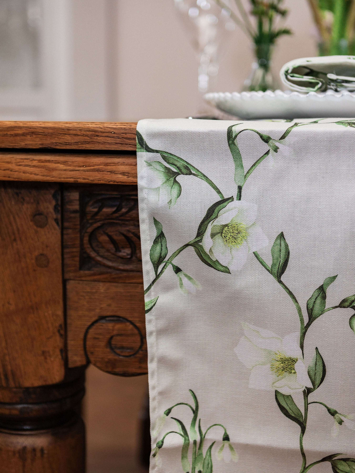 Elegant floral Table Runner by Avalon Home UK featuring delicate green and white design