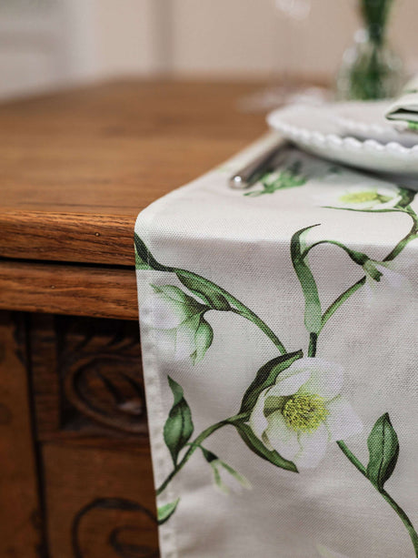Avalon Home UK Floral Table Runner with Green and White Design for Elegant Dining Tables