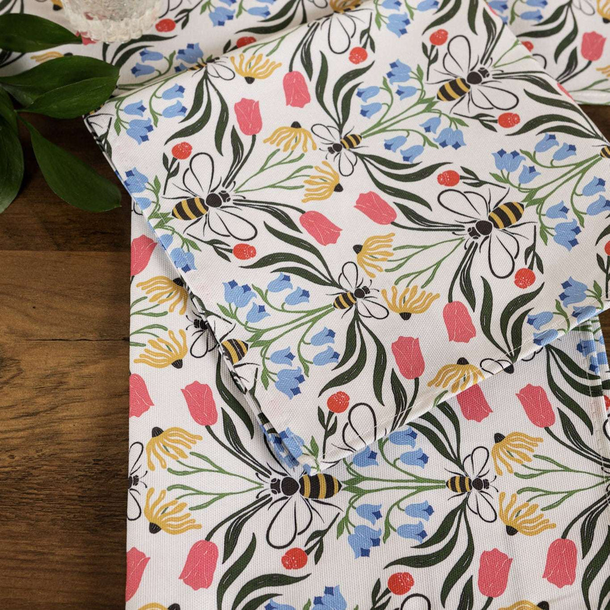 Floral Pattern Table Runner from Avalon Home UK with Colourful Flowers and Bees on White Background