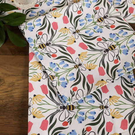 Floral Pattern Table Runner from Avalon Home UK with Colourful Flowers and Bees on White Background