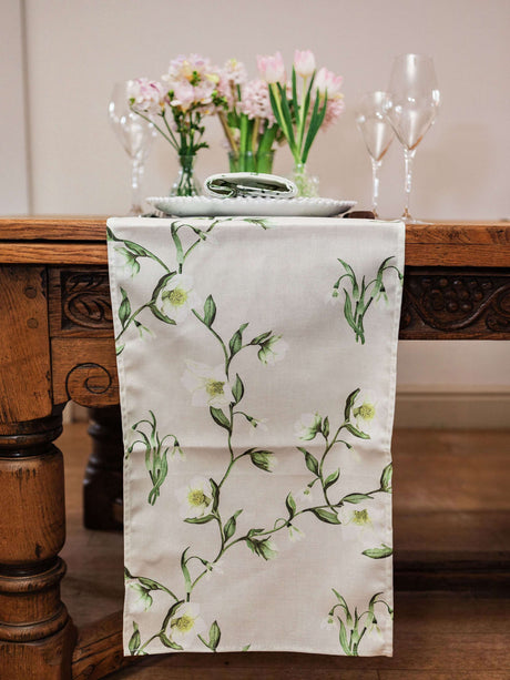 Avalon Home UK Floral Table Runner in Cream with Green Botanical Design for Elegant Dining Decor
