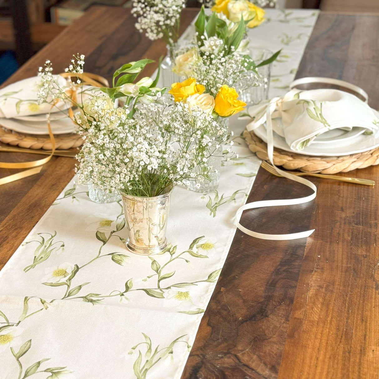 Elegant cream Table Runner with floral design perfect for dining table decor and special occasions