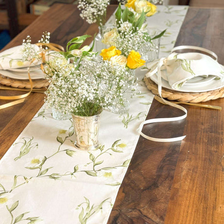 Elegant cream Table Runner with floral design perfect for dining table decor and special occasions