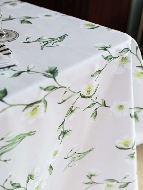 Avalon Home UK floral tablecloth with white flowers and green leaves for elegant dining decor