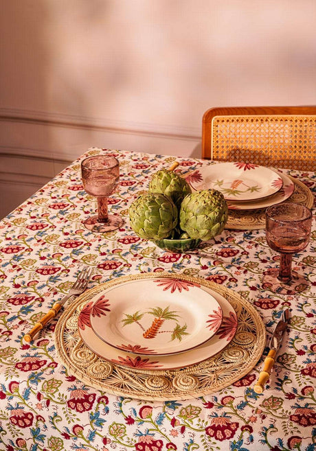 Casa by Josephine Jenno floral tablecloth featuring vibrant patterns on a dining table setting