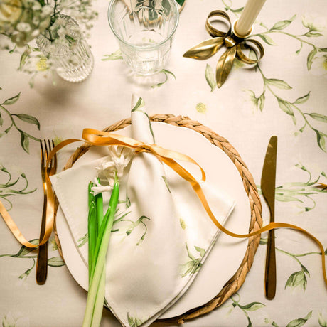 Elegant floral Avalon Home UK tablecloth creating a charming dining table setting
