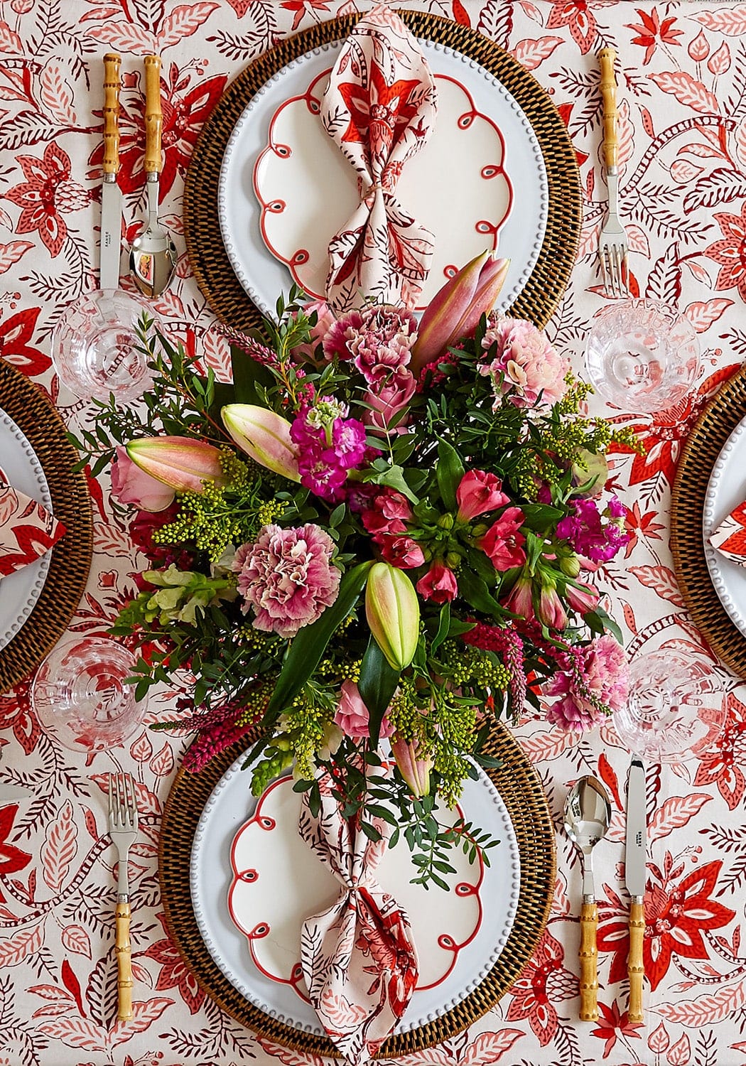 Casa by Josephine Jenno Tablecloth featuring a floral design with elegant table setting and bouquet