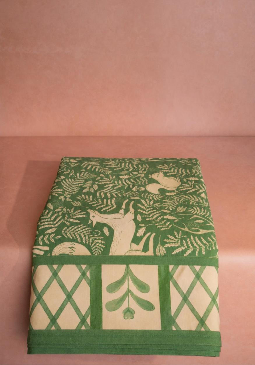 Casa by Josephine Jenno Green Tablecloth with Leaf and Animal Patterns for Elegant Dining