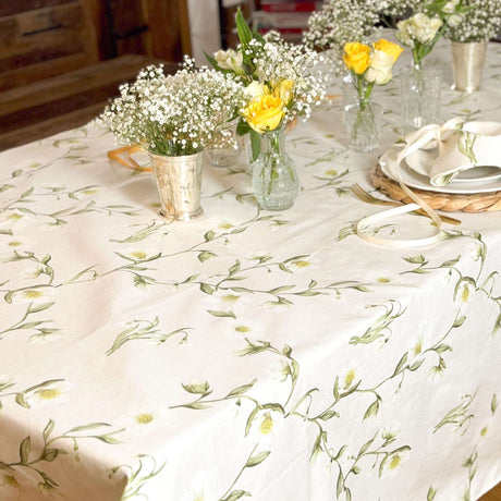 Avalon Home UK Floral Tablecloth with Soft Cream Background and Delicate Greenery Design