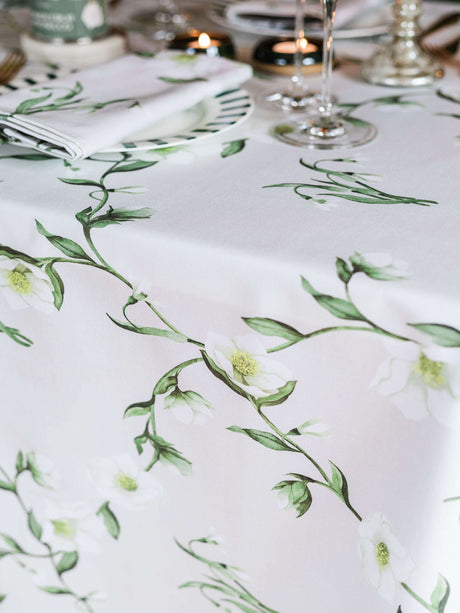 Avalon Home UK Floral Tablecloth with Green Leaves and White Flowers for Elegant Dining