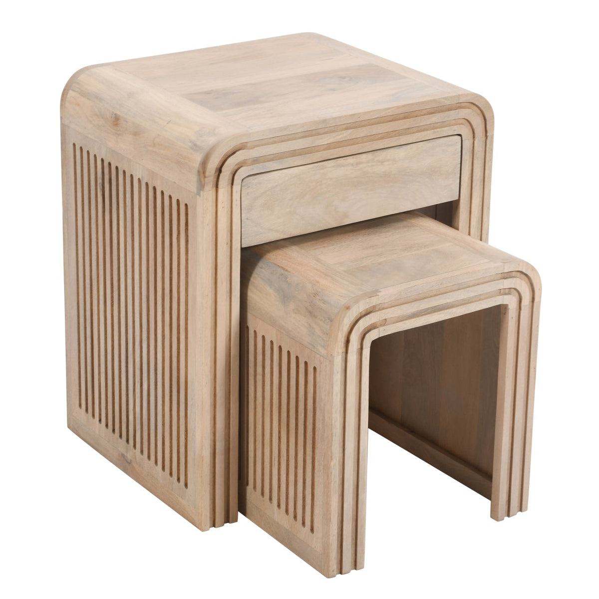 Verty Furniture Tables with Drawer in natural wood finish featuring a sleek design and nested stools