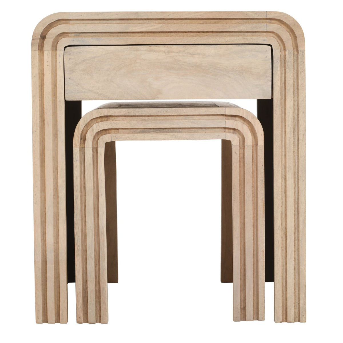Set of nesting Verty Furniture tables with drawer, featuring a sleek modern design and natural wood finish