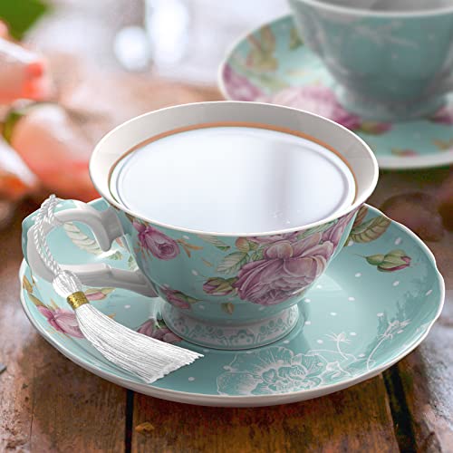 Elegant Afternoon Tea Set with Floral Design, Featuring a Cup and Saucer in Mint Green